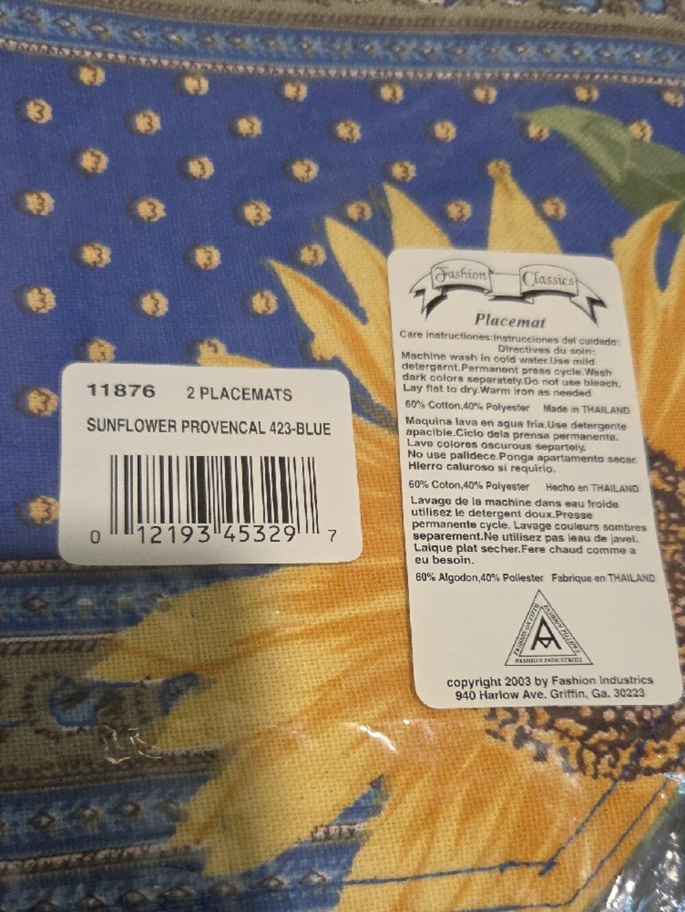 NWT Sunflower Blue Table Linens Set (8) Setting Round Tablecloth 70" - Picture 6 of 9
